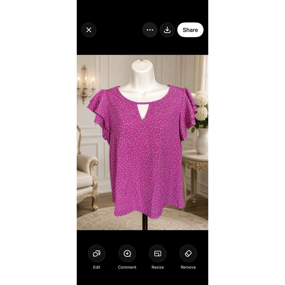 SHEIN Pink White Polka Dot Flutter Sleeve Keyhole Blouse Women’s Medium M
